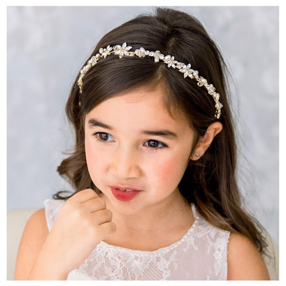 Gold Flower Girl Headpiece for Wedding Crystal Floral Girls Headband Princess Ha